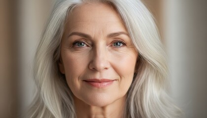 Naklejka premium Close up portrait of confident mature woman with natural beauty and silver hair representing aging gracefully skincare wellness and self confidence