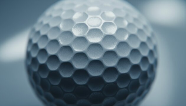 Extreme close up view of white golf ball showing intricate hexagonal dimple pattern and texture under soft studio lighting with blurred background
