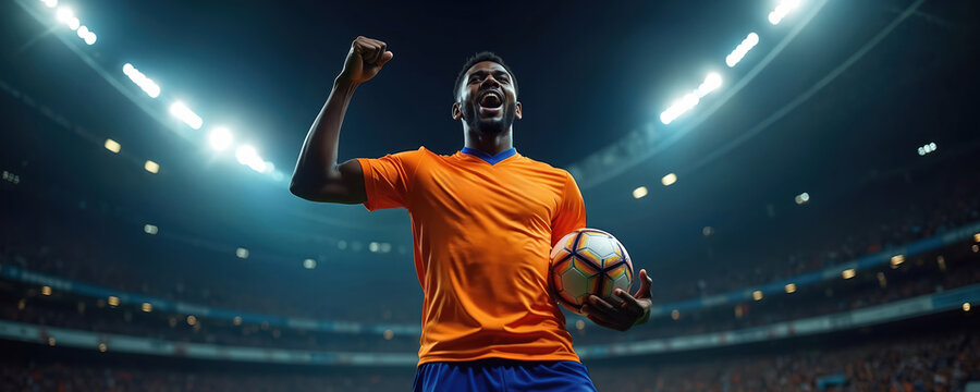 Excited soccer player shouts triumphantly holding ball on stadium. Man in uniform cheers with fist up. Pro athlete celebrates victory after game. Night match with bright spotlights overhead.