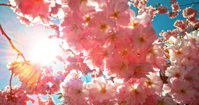 Backward camera movement flying through blooming cherry blossom branches in super slow motion. Soft pink flowers against clear blue sky create a dreamy, airy and peaceful spring atmosphere.