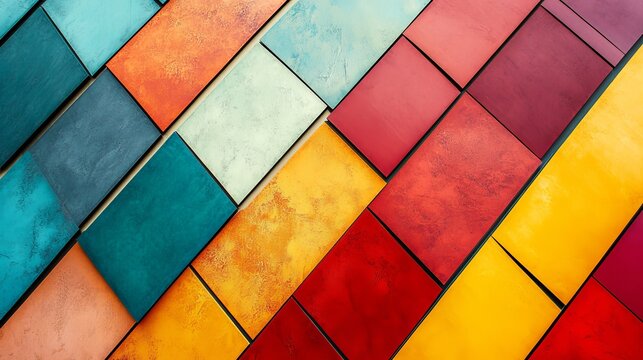 A colorful arrangement of rectangular tiles in various shades and textures