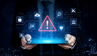 Fototapeta premium Exclamation alert symbol in digital system network reflecting AI threat, virus, and risk detection. Corpus