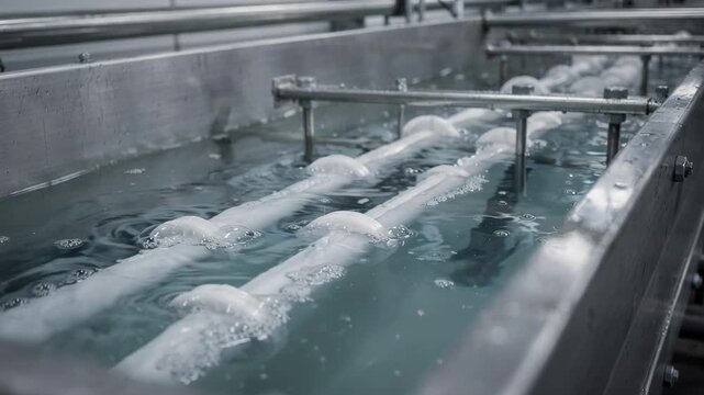 Medium shot of pipe calibration tank section with fresh pipes undergoing vacuum sizing highlighting precise shaping under controlled pressure in waterfilled tanks.