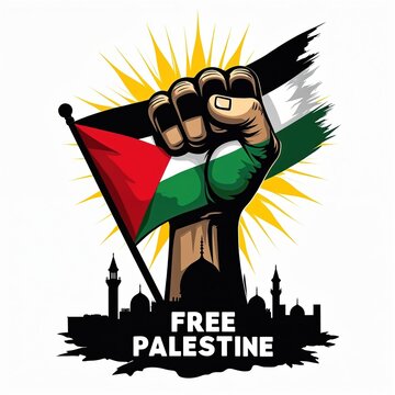 Fist holds Palestinian flag raising over mosque silhouettes. Text says Free Palestine. Symbol of resistance and solidarity. Activism graphic art.