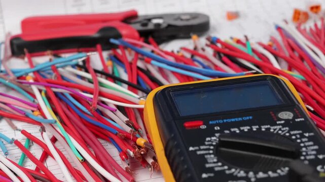 A digital multimeter for measuring the parameters of electrical circuits. Close-up. Soft focus.
