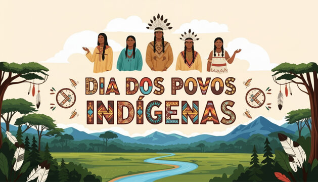 Dia dos Povos Ind&iacute;genas Banner Ilustra&ccedil;&atilde;o Cultura Natureza Brasil
