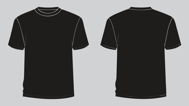 A vector graphic illustration of a black t-shirt with a crew neck and short sleeves, shown from both the front and back on a gray background.
