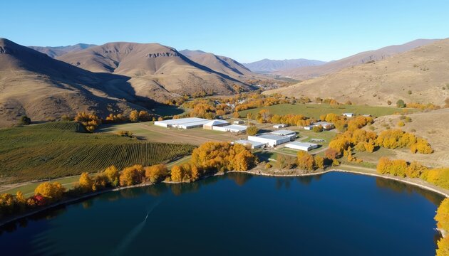 Autumn view of Cromwell Gorge with vineyards and farm buildings near a blue lake. Hillsides show dry grass and bare trees under a clear sky.