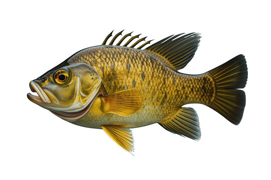 Golden sunfish illustrating freshwater aquatic life, showing detailed scales, fins, and gills with a transparent background