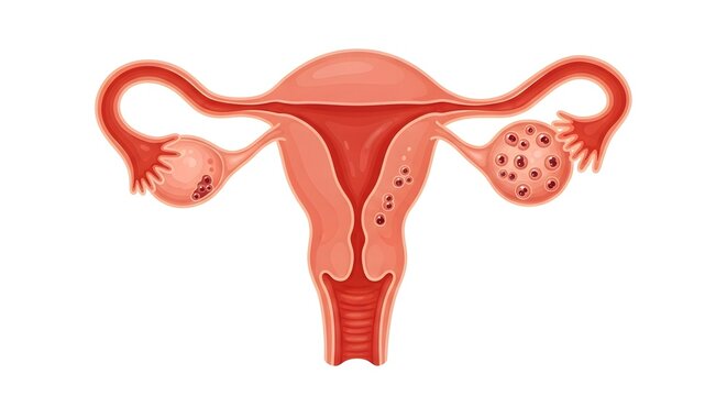 Female Reproductive System Anatomy with Ovarian Cysts and Uterine Abnormalities Medical Illustration