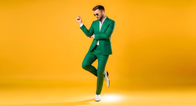 Confident young man in a vibrant green suit and sunglasses posing against a bright yellow background, exuding style and charisma with a playful, dynamic stance.