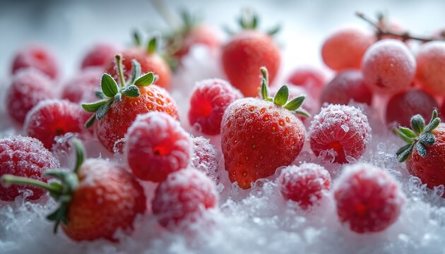 Frozen red berries including strawberries and raspberries covered in frost. Fruits are on ice crystals, appearing very cold and fresh. This image is perfect for food and science topics.