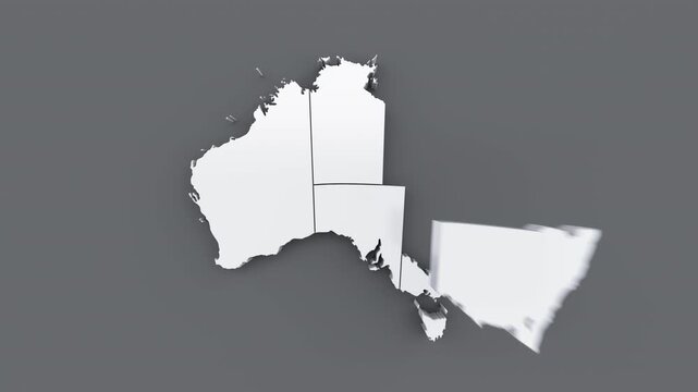 Animated map of Australia, white map on gray background.