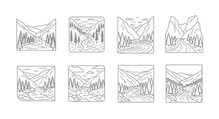Obraz premium Minimalist mountain landscapes in a grid arrangement featuring trees and winding rivers