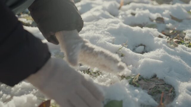 Furtive prowler uncovering hidden item in snow, gloved hands digging near fallen leaves and footprints, cold morning light, closeup tension, hurried retrieval and secretive atmosphere