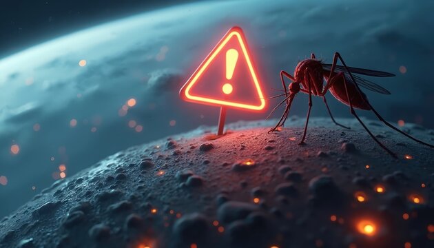 Giant mosquito insect lands on planet earth near glowing warning sign. Dangerous pest signals global disease outbreak threat. Insect infestation and health hazard risk.