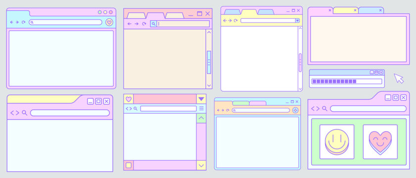Set Of Cool Y2k Browser Tabs Vector Design. Cute Minimal Vaporwave Internet Window Graphic Elements Collection.