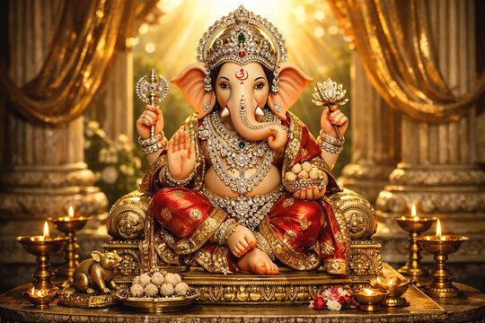 Lord Ganesha Golden Temple Idol Hindu God Festival Spiritual Decoration