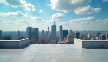 Rooftop concrete terrace overlooks city skyline. Blue sky with clouds above tall buildings. Empty space for product placement or business concept.
