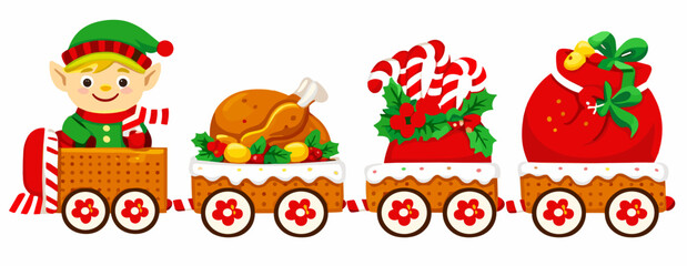 Fototapeta premium A cheerful elf rides a holiday train loaded with roast dinner, candy cane, poinsettia, and strawberry treats. Christmas vector clipart isolated on a transparent background.