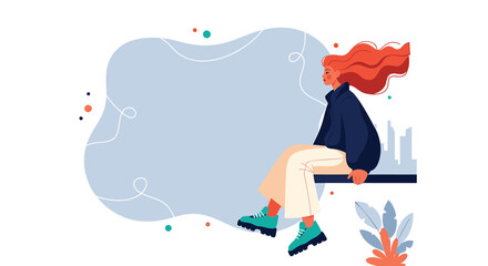 Obraz premium Illustration of woman sitting on bench, red hair, minimalist design, blue background, modern style