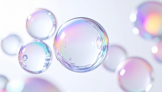 透明なシャボン玉が浮遊するブルーのクリーン背景 虹色の光と屈折が美しいスキンケア抽象ビジュアル ジェネレーティブAI
