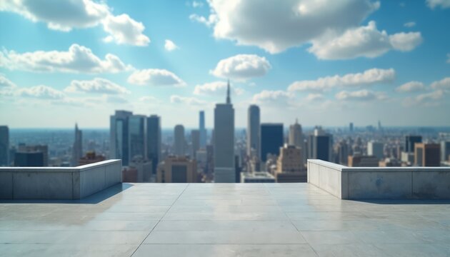 Rooftop concrete terrace overlooks city skyline. Blue sky with clouds above tall buildings. Empty space for product placement or business concept.