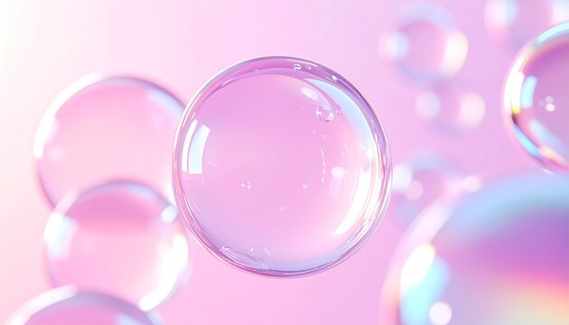 美容液のような透明な水滴とシャボン玉が漂うピンク背景 光の反射と輝きが美しいスキンケア抽象ビジュアル ジェネレーティブAI