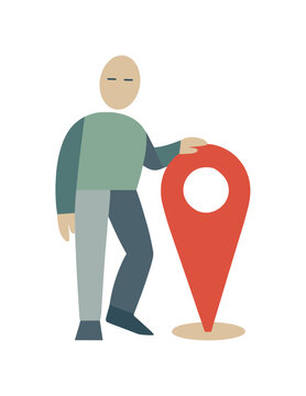 Human figure subtly aligns posture with the anchored marker, internalizing the mental map. Stylized editorial character