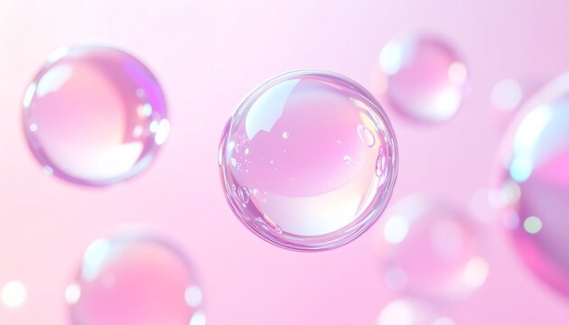 美容液のような透明な水滴とシャボン玉が浮遊するピンク背景 光沢と反射が美しいスキンケアイメージの抽象ビジュアル ジェネレーティブAI