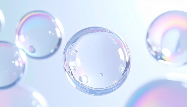 セラミド配合をイメージした美容液の水滴と透明球体が浮かぶブルーのクリーン背景 光と反射が美しいスキンケア抽象ビジュアル ジェネレーティブAI