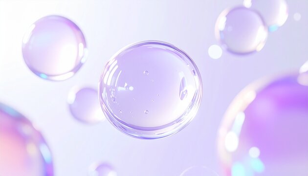 ヒアルロン酸やセラミドをイメージした水滴とシャボン玉が漂うパープルのラグジュアリー背景 光沢と艶が美しい美容抽象ビジュアル ジェネレーティブAI