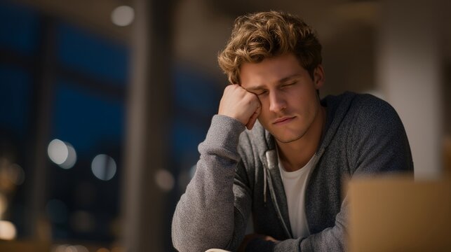 Young developer alone at 2 a.m. in a fluorescent-lit break room, energy drink and notebook open, stress visible in hunched posture while running code on a battered laptop, ideal for MVP
