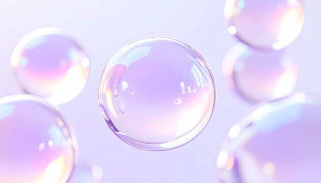 ヒアルロン酸やセラミドをイメージした美容液の水滴と透明バブルが浮遊するパープルのラグジュアリー背景 光沢と透明感が美しいスキンケアビジュアル ジェネレーティブAI