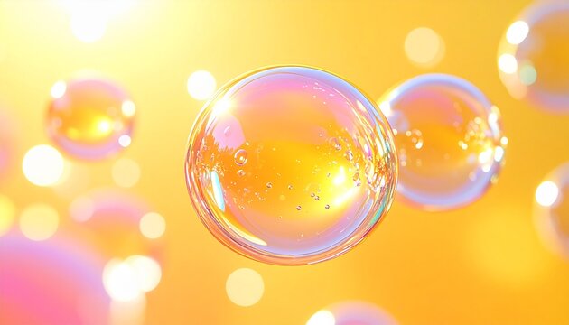 ビタミンCや美容成分をイメージした水滴と透明バブルが浮遊するオレンジのクリーン背景 ツヤと輝きが美しいスキンケアビジュアル ジェネレーティブAI