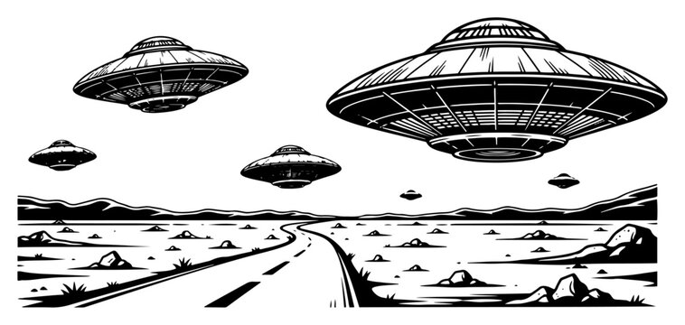 Multiple flying saucers hovering over a desert road in vintage engraving style