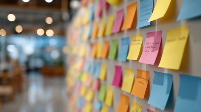 Startup team posting handwritten user research quotes across an entire hallway wall, each note color-coded, wide establishing view showing the sheer scale of data gathered, perfect for MVP testing,