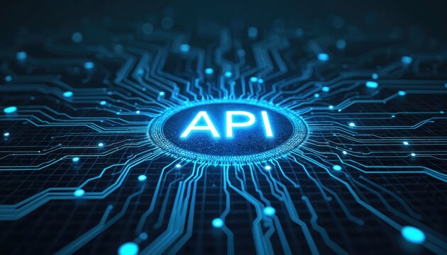 Glowing API text on digital circuit board background. Neon blue lights connect abstract network lines. Modern tech, data flow, connectivity concept.