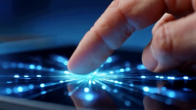 Finger Tapping Blue Data Grid On Tablet, Radial Nodes And Matrix Dots Forming Network Map, Precise Analyst Gesture, Low Light Visualization, Futuristic Data Control Interface