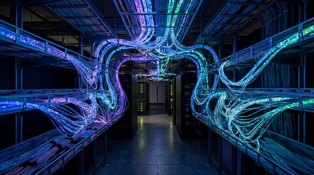 A colorful blue and purple light trails in a server room with rows of computer equipment and wires