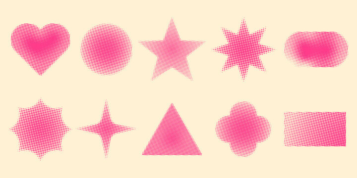 Pink Halftone Geometric Shapes Set for Retro Graphic Design, Heart Star Triangle Sparkle Elements