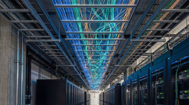 A long corridor in a data center with rows of server racks and colorful wires on the ceiling