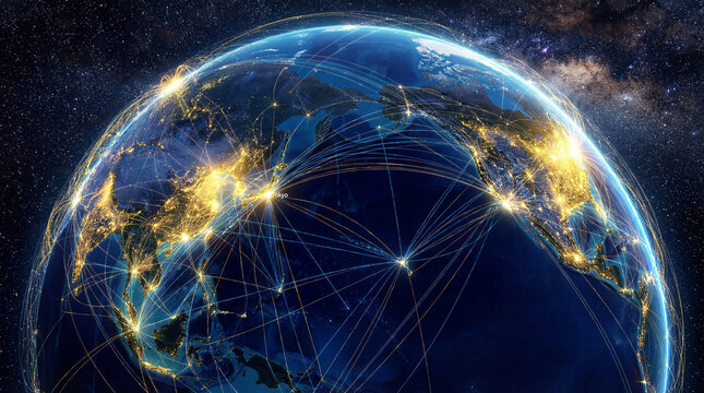 A stunning visual representation of global connections and networks on a beautiful blue planet earth with yellow lines and lights on a starry night sky background with a galaxy