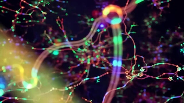 Neural color impulses. Colorful neural network pulses and filament movement captured in detail. Dynamic bioelectric waves and interconnected pathways create abstract visual of neural activity