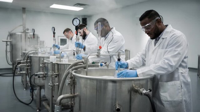 Medium shot capturing technicians mixing lowsuds detergent formulation with precision inside spacious industrial stainless containers.