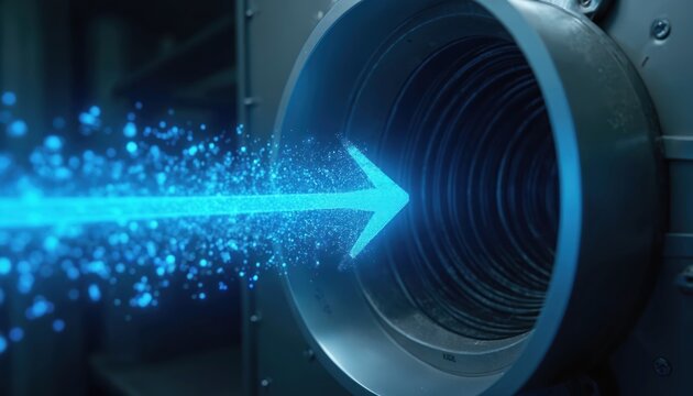 Blue arrow indicating airflow into furnace duct. Digital data overlay shows air movement pattern. Technical workspace with ventilation simulation and data analysis. Energy flow visualisation.