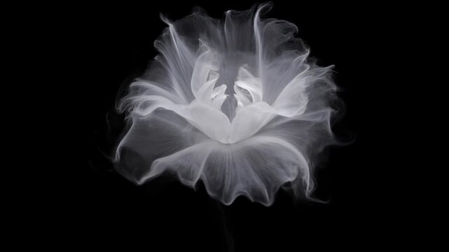 Delicate white smoke blooming like a soft flower with intricate swirling patterns against a black background, fluid and mesmerizing motion