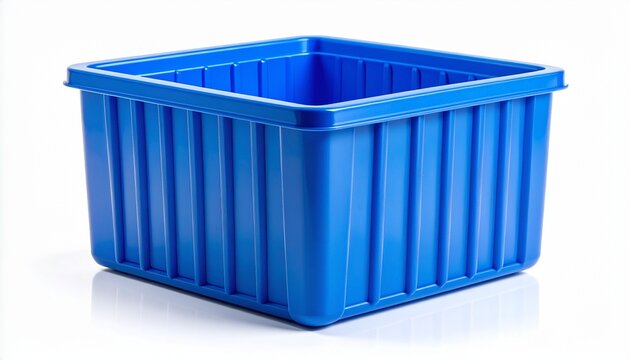 Square blue plastic container frame with open center, raised edges, vertical ridges, smooth finish, functional manufacturing component.