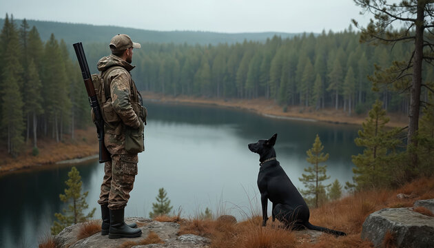 Man with shotgun and dog on cliff overlooks forest lake in Sweden. Autumn scene with pine trees water and distant hills. Outdoor adventure in wilderness nature.