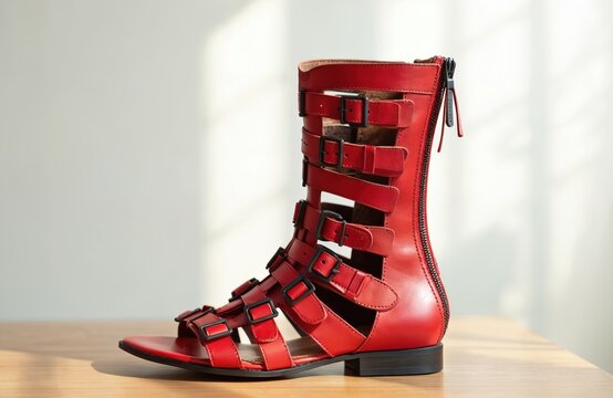 Red gladiator sandals made from leather feature multiple buckles and a back zipper. These stylish summer shoes offer a comfortable fit for beach vacations and casual wear.